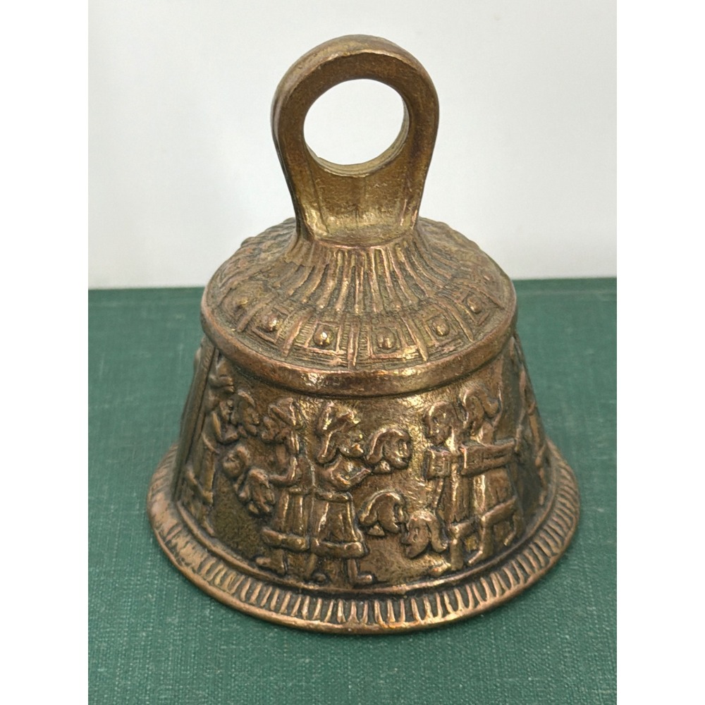 Vintage Cast Brass Peerage Bell Beheading Scene Relief Ornate Hand Bell 3"